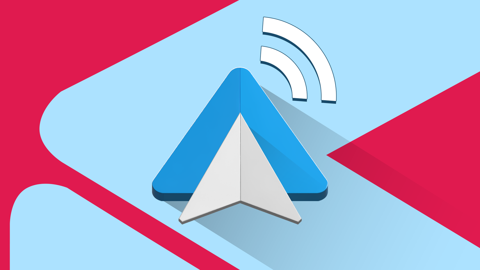 Logotipo do Android Auto com um ícone de sinal sem fio em um fundo geométrico azul e vermelho.