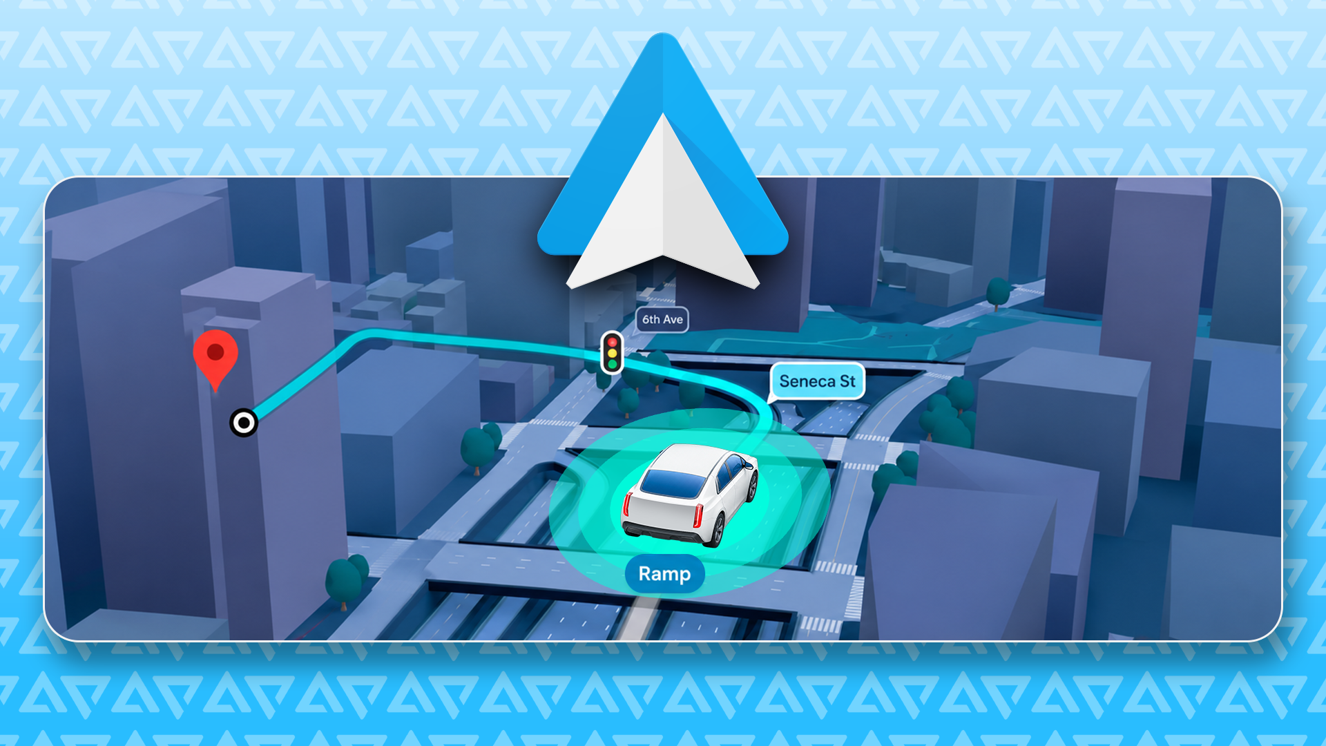 Android Auto navigation showing a 3D city map with lane guidance, traffic lights, and a highlighted route.