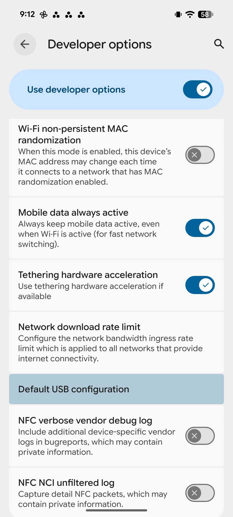 developer settings on Android