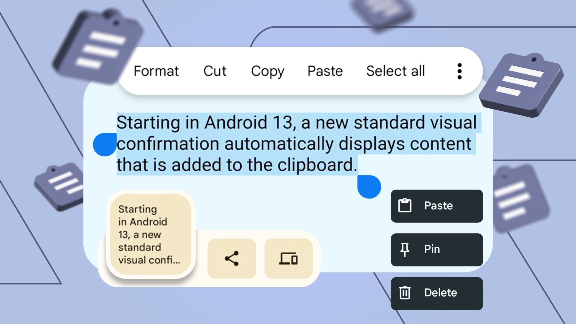 Android clipboard overlay showing copied text with paste, pin, and delete options alongside floating clipboard icons on a blue background.