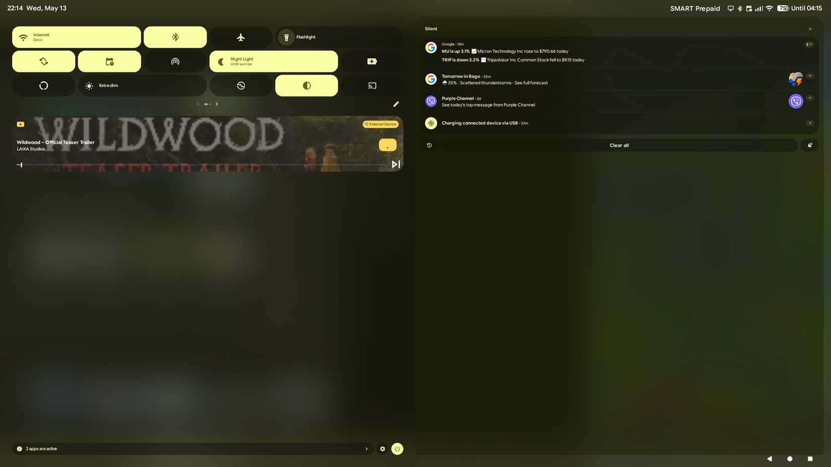 Quick settings panel and notifications tab shown in Android Desktop Mode