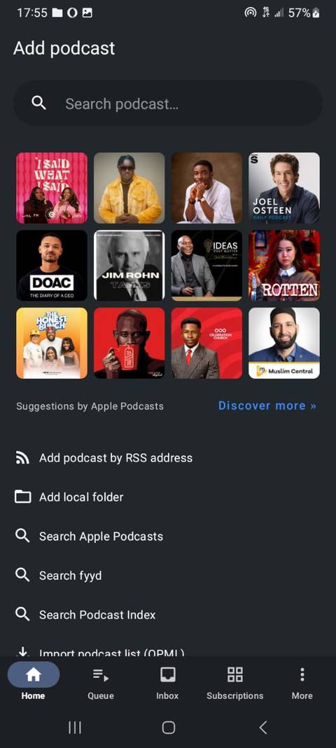 AntennaPod menu for adding new podcasts
