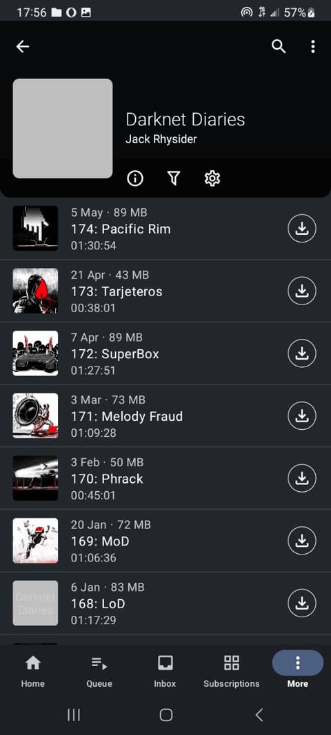 AntennaPod menu showing Darknet Diaries podcast
