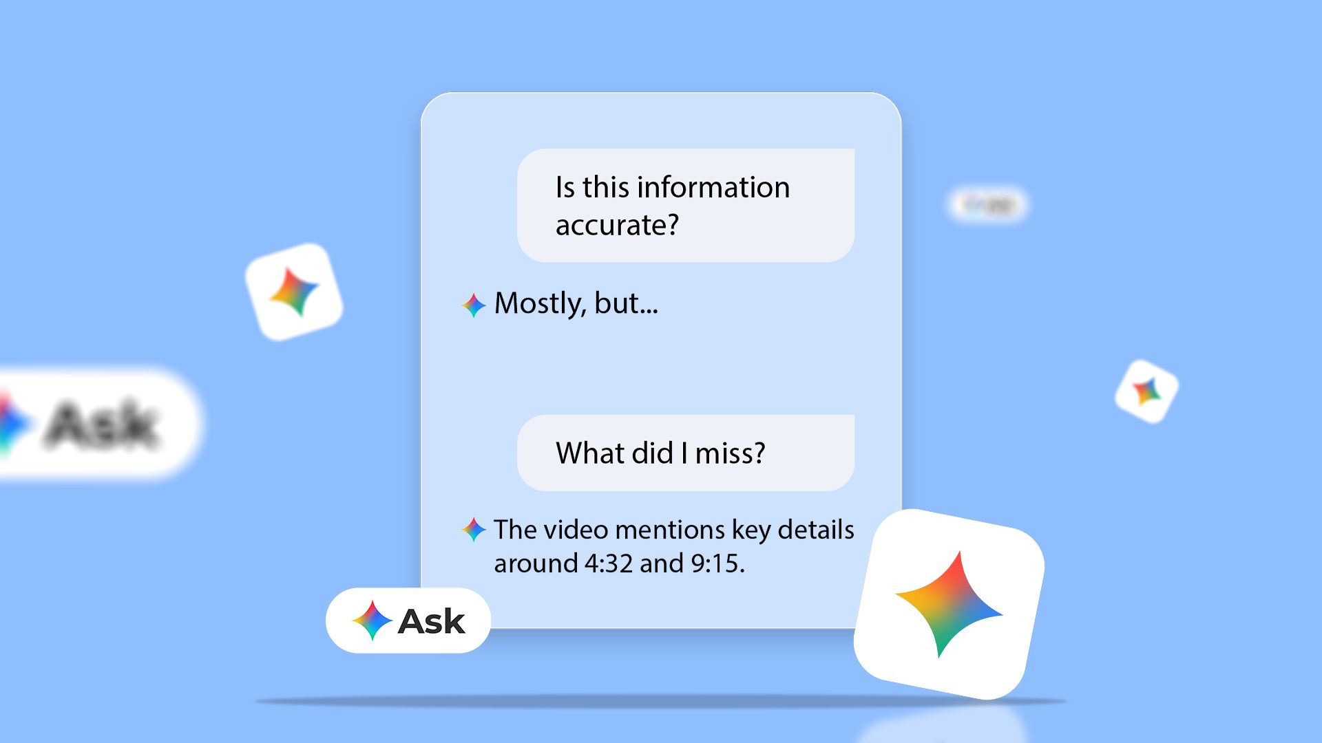 Ask Gemini answering questions in a chat-style interface, with Gemini icons on a blue background.