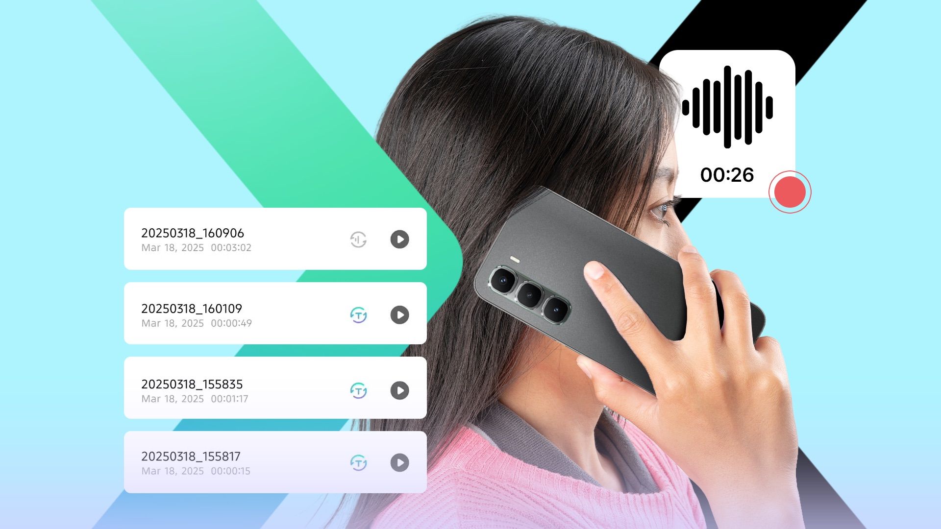 Person on a phone call with recorded playback clips surrounding them
