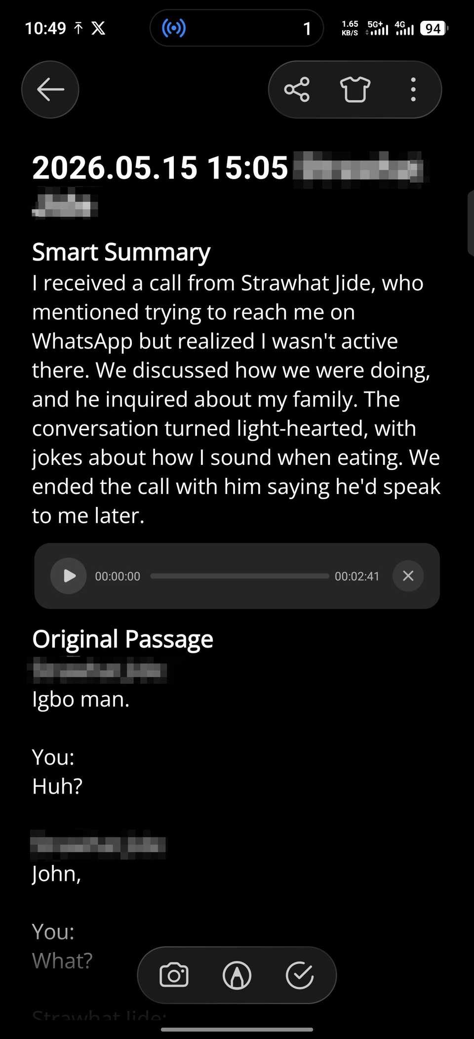 Screen showing lighthearted call summary and transcript on Infinix Notes app
