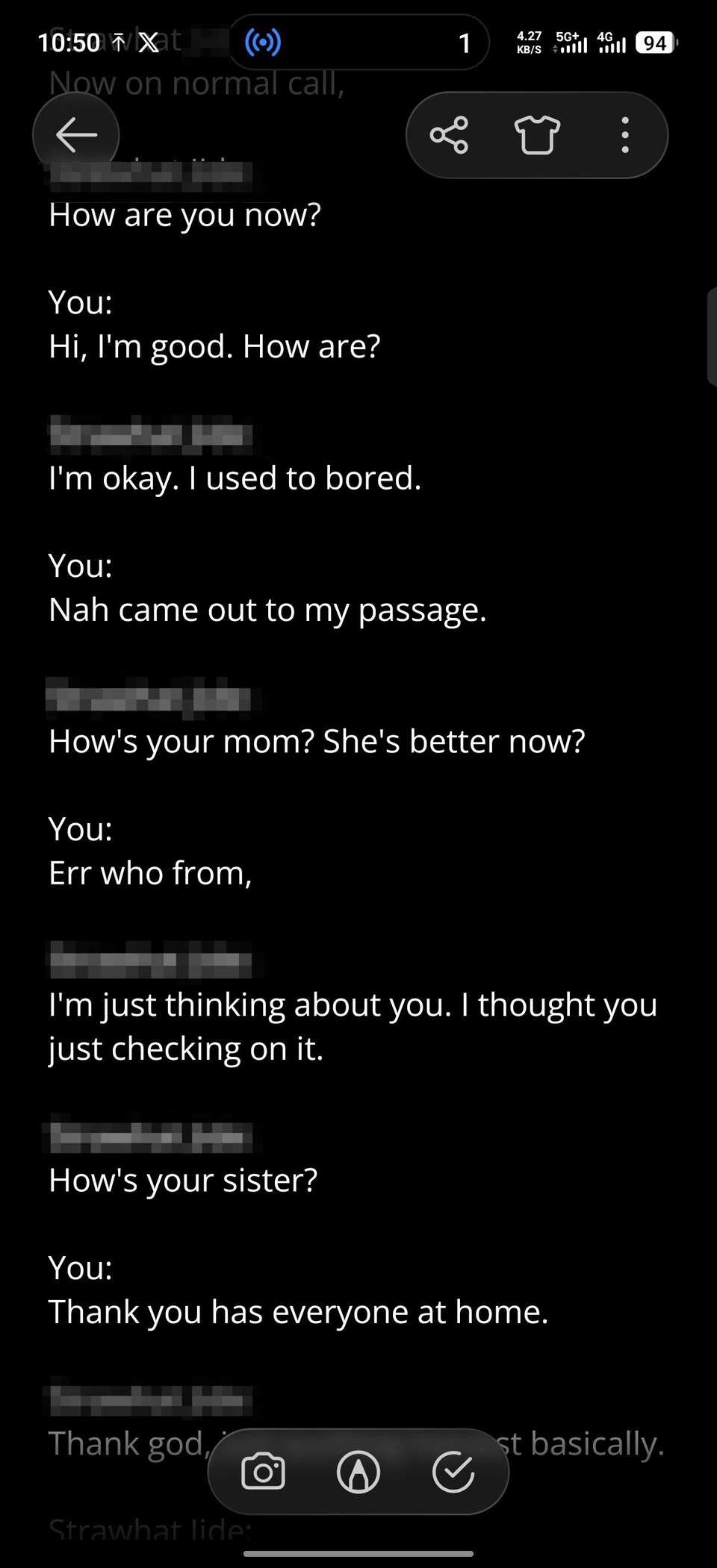 Screen showing call transcript of casual conversation between two people on Infinix Notes app