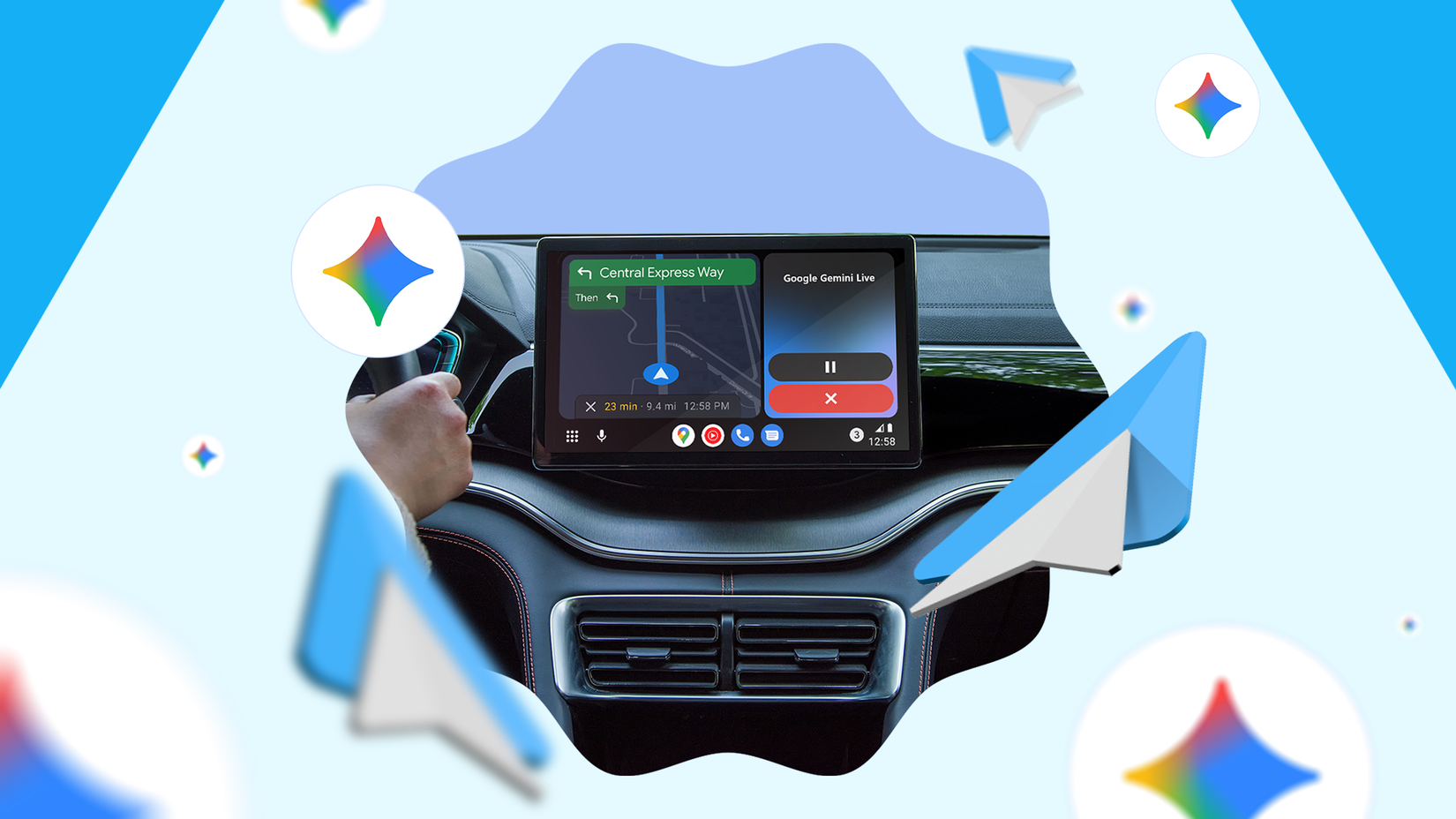 Painel do carro exibindo navegação Android Auto e Google Gemini Live, cercado por ícones Android Auto e Gemini