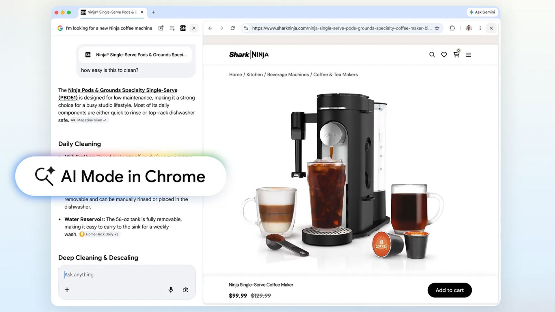 Chrome in AI mode in effect on a page about the Ninja coffeemaker