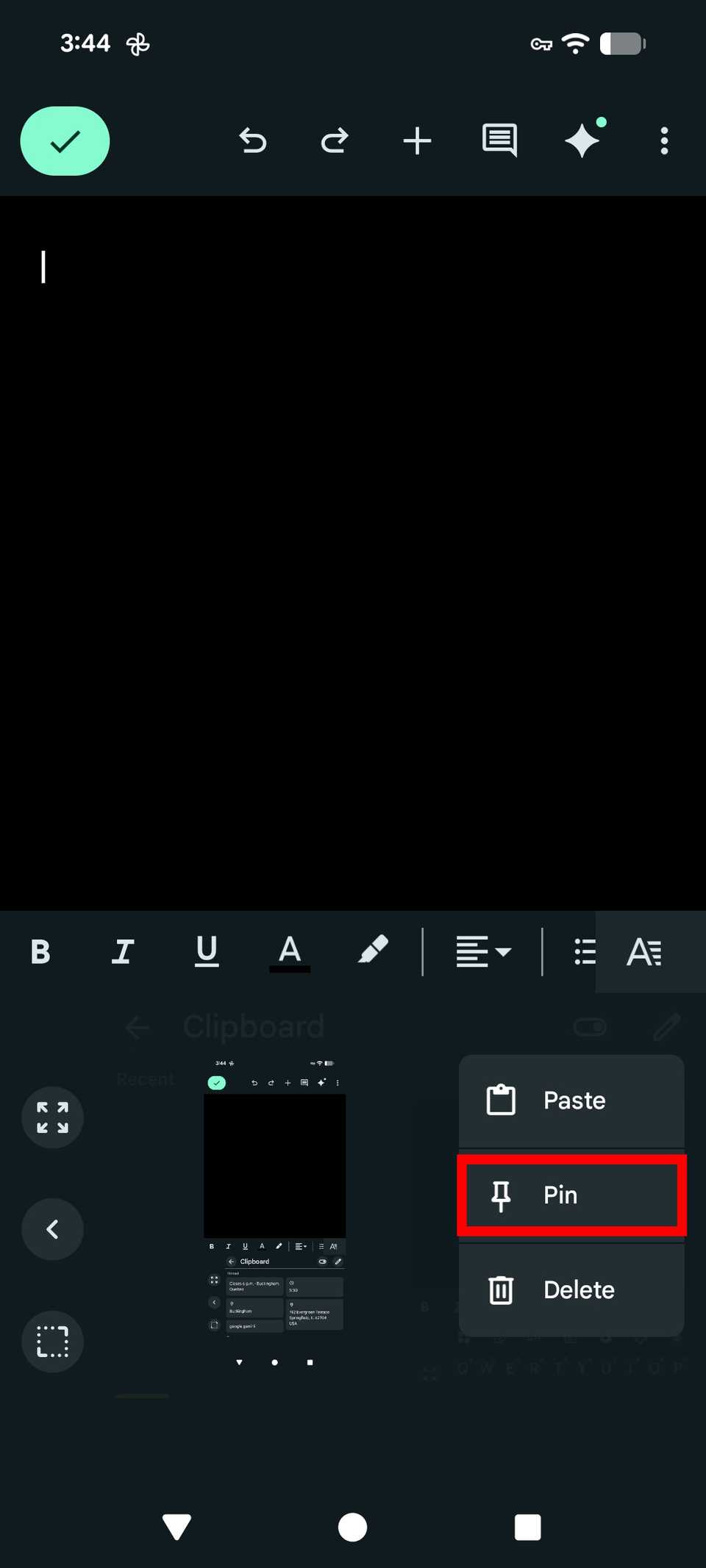 Red rectangle outline highlighting the Pin option next to a copied screenshot saved on the clipboard in Gboard