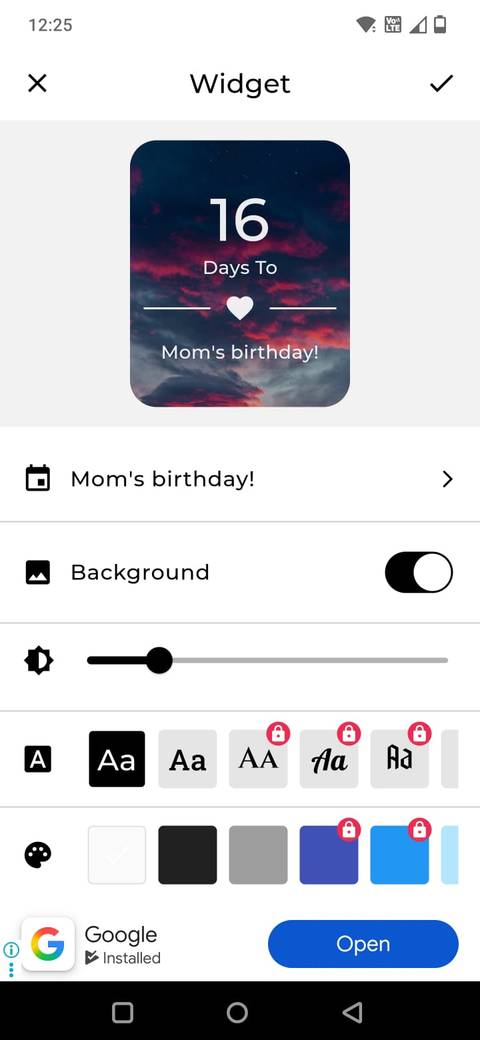 Screenshot showing how to customize the Days To widget