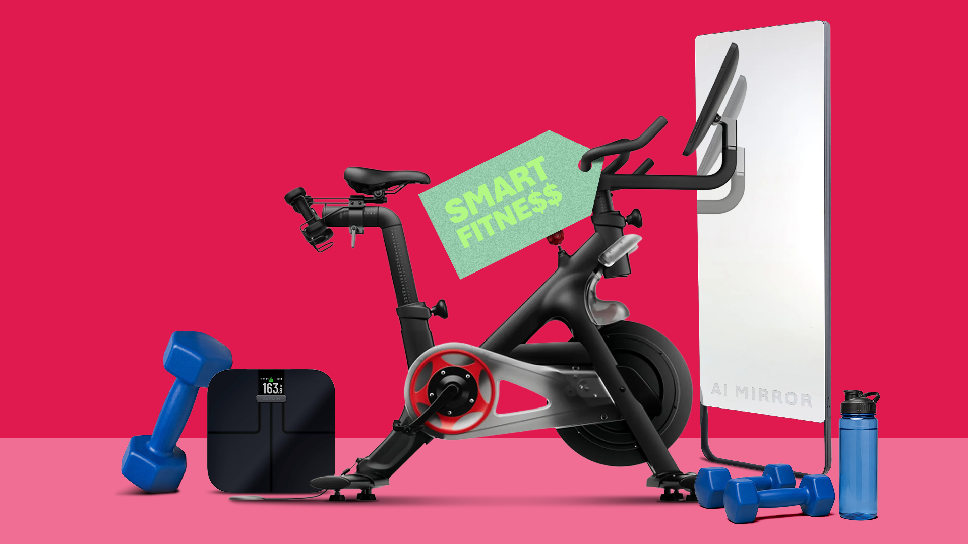 Expensive smart fitness setup with a Peloton bike, AI mirror, smart scale, and workout gear.