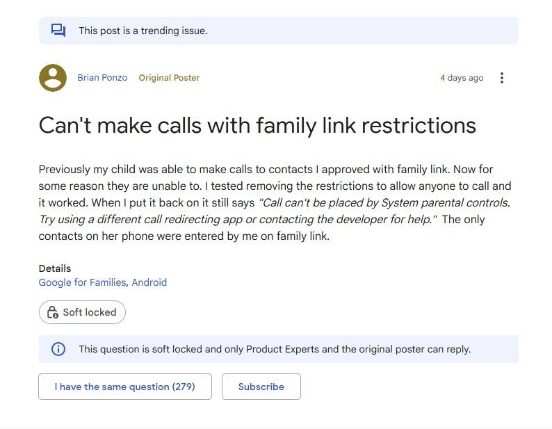 Captura de tela de uma postagem do Suporte do Google sobre o bug de chamadas do Family Link.