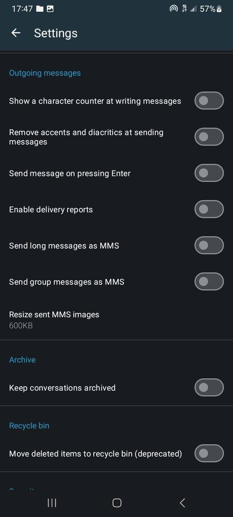 Fossify messages settings menu