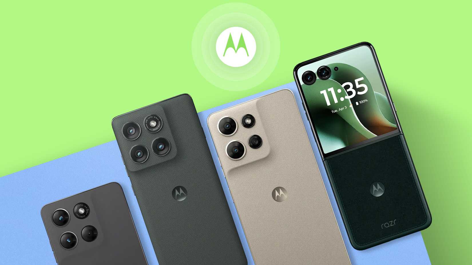 Quatro smartphones Motorola dispostos contra um fundo verde e azul