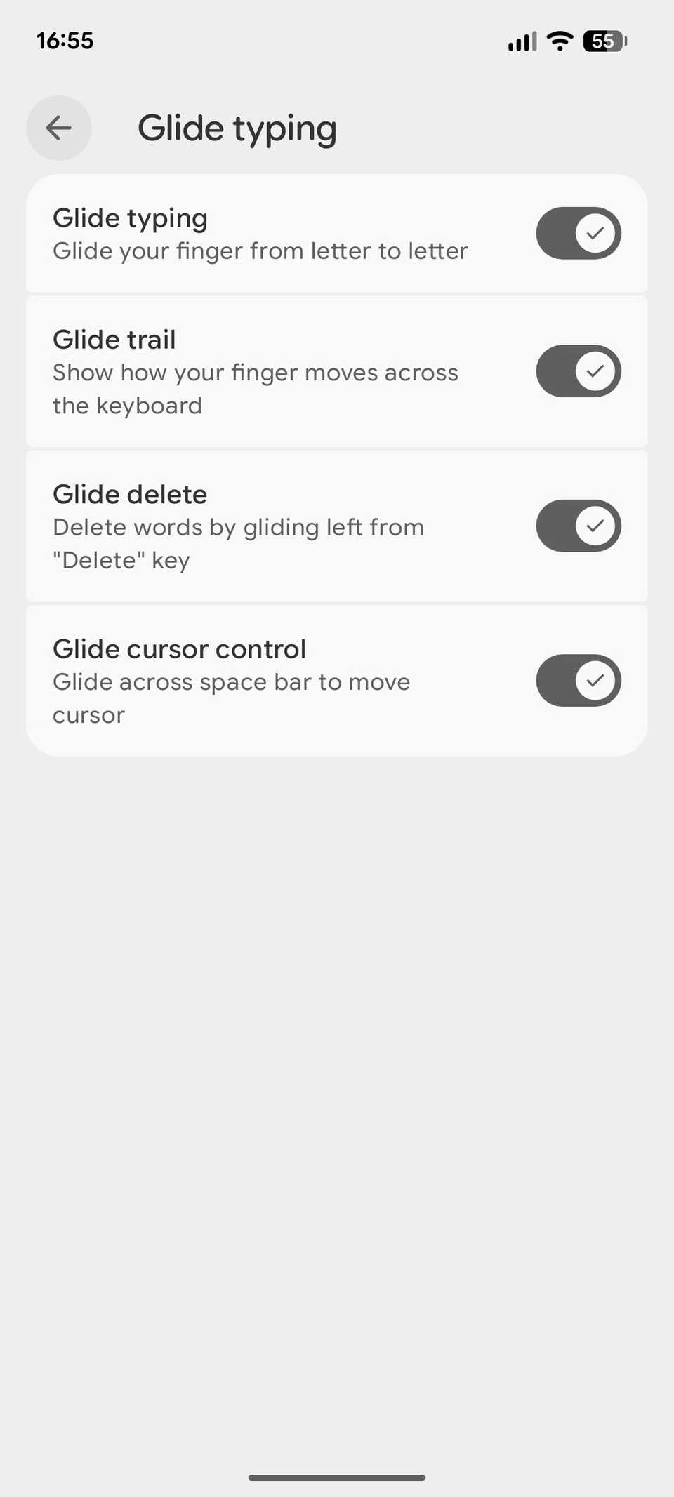 A screenshot displaying the toggles in the Glide typing menu within Gboard settings