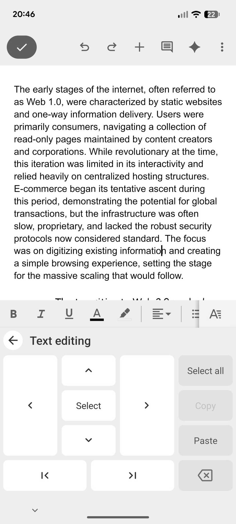 A screenshot showing Gboard’s Text editing interface with Google Docs open