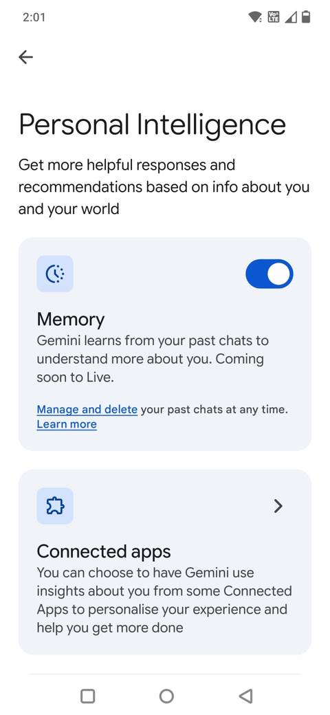 Screenshot showing the Personal intelligence page in Gemini