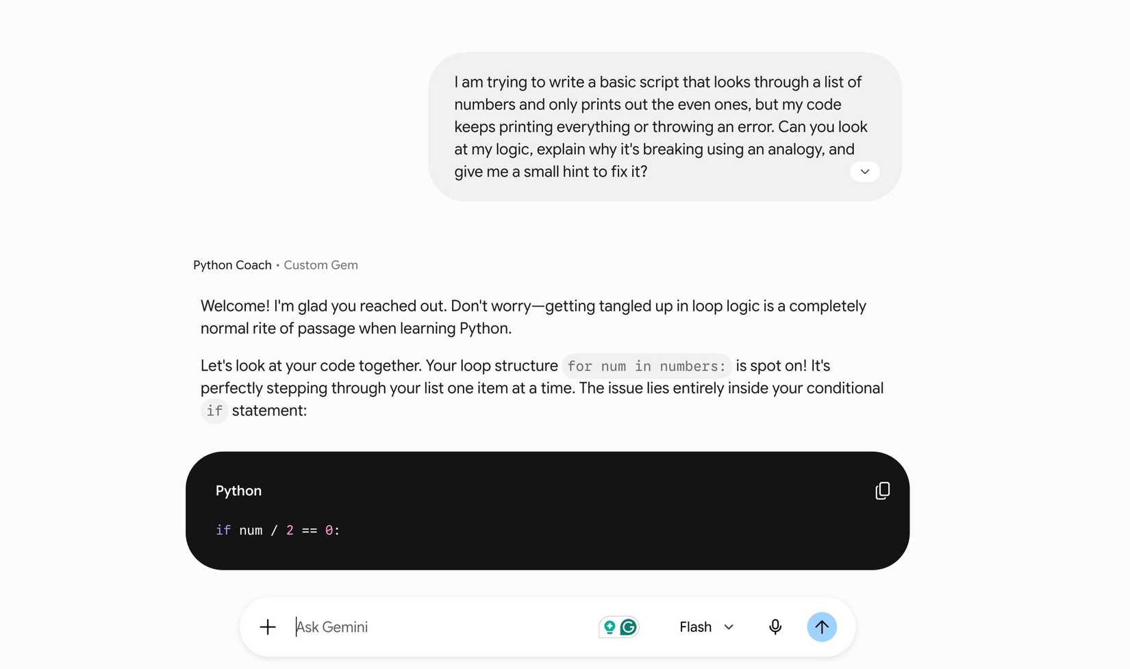 Treinador Python Gemini Gem em ação