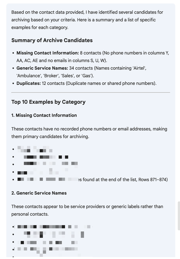 Pedir ao Gemini no Planilhas Google para identificar contatos que posso arquivar