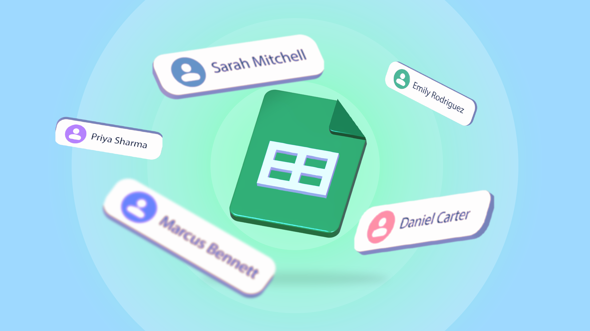 Google Sheets logo surrounded by floating contact names on a blue and green background