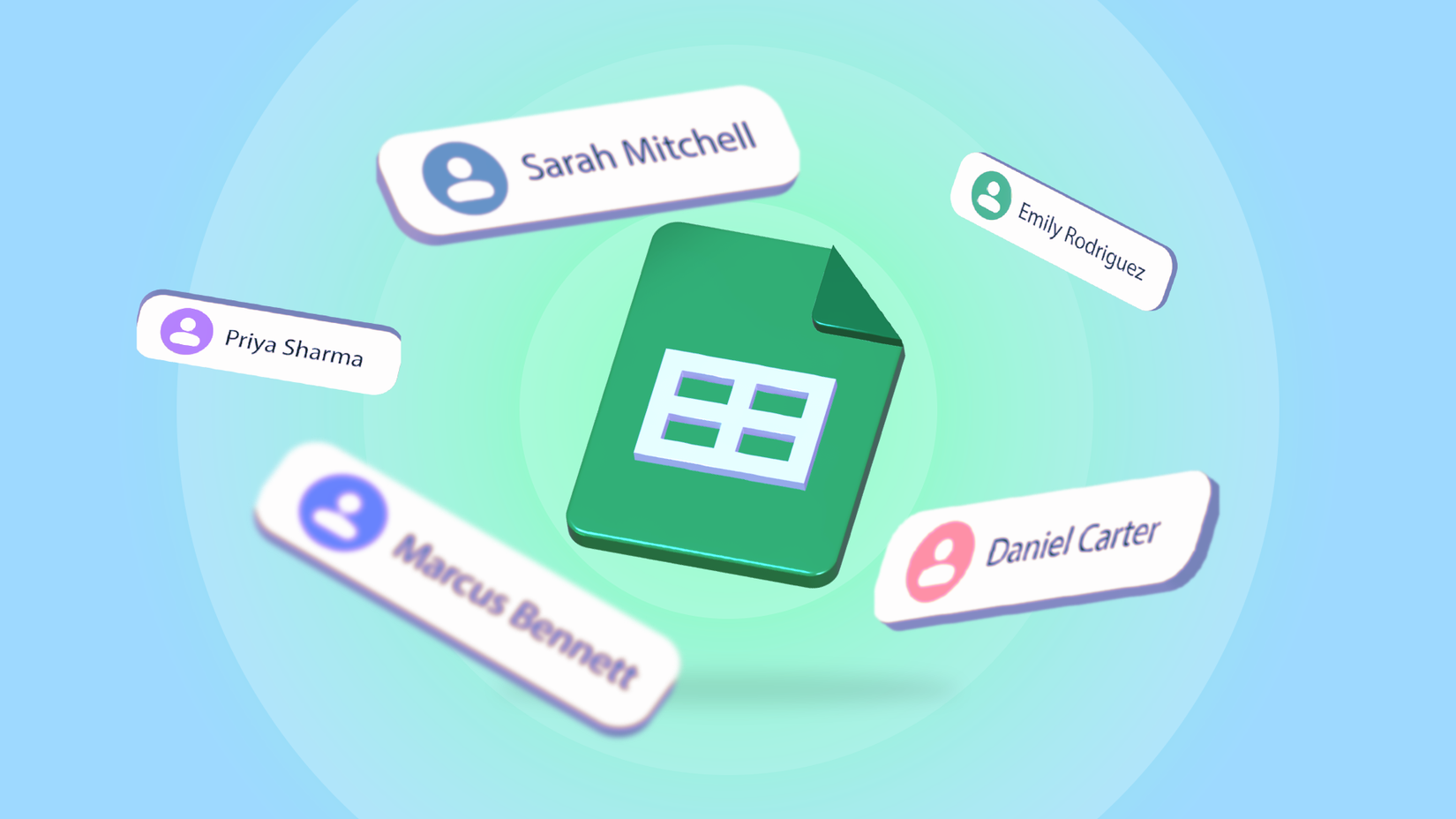 Google Sheets logo surrounded by floating contact names on a blue and green background