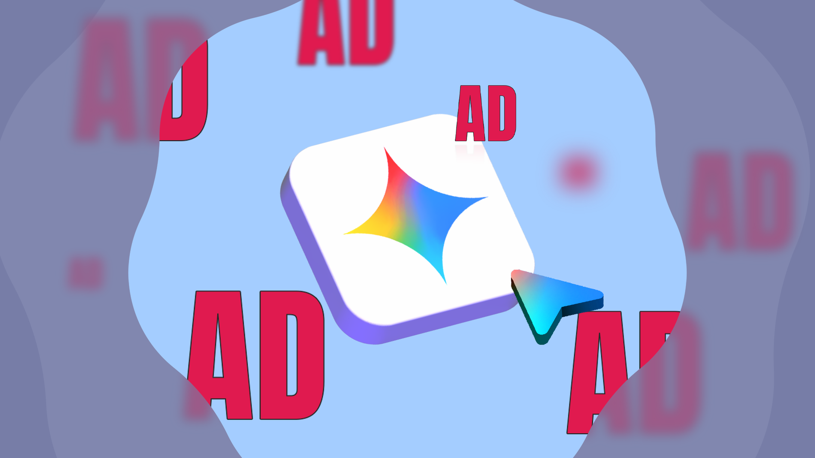Gemini logo and a cursor surrounded by ads.
