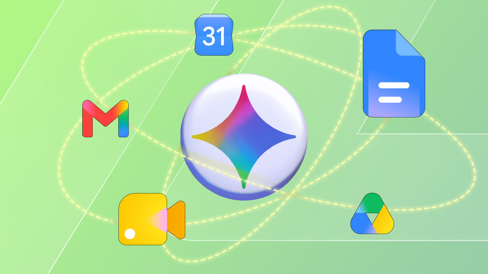 Logotipo Gemini no centro com aplicativos do Google orbitando em torno dele