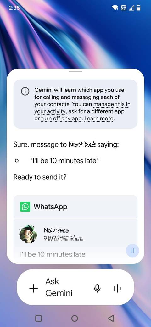 Screenshot showing the WhatsApp messaging option in Gemini