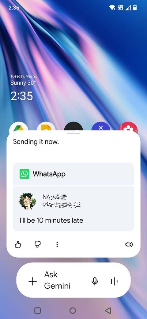 Screenshot showing the WhatsApp message sent by Gemini