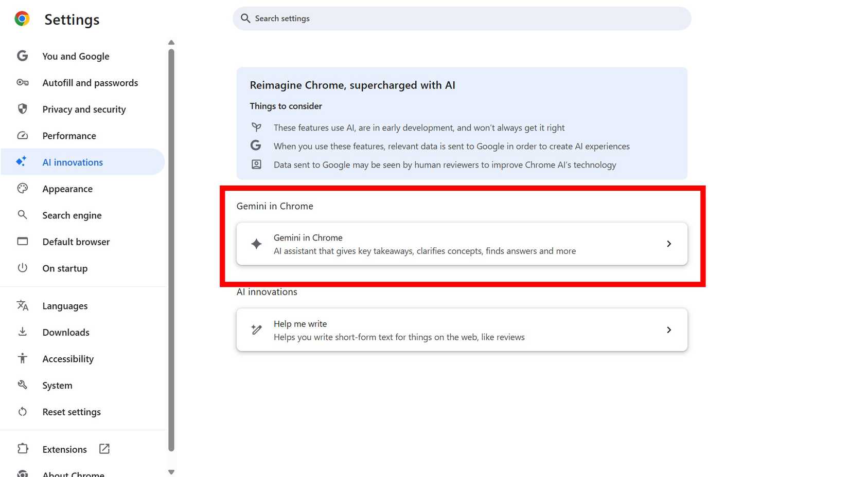 Contorno de retângulo vermelho destacando a opção Gemini no Chrome em inovações de IA