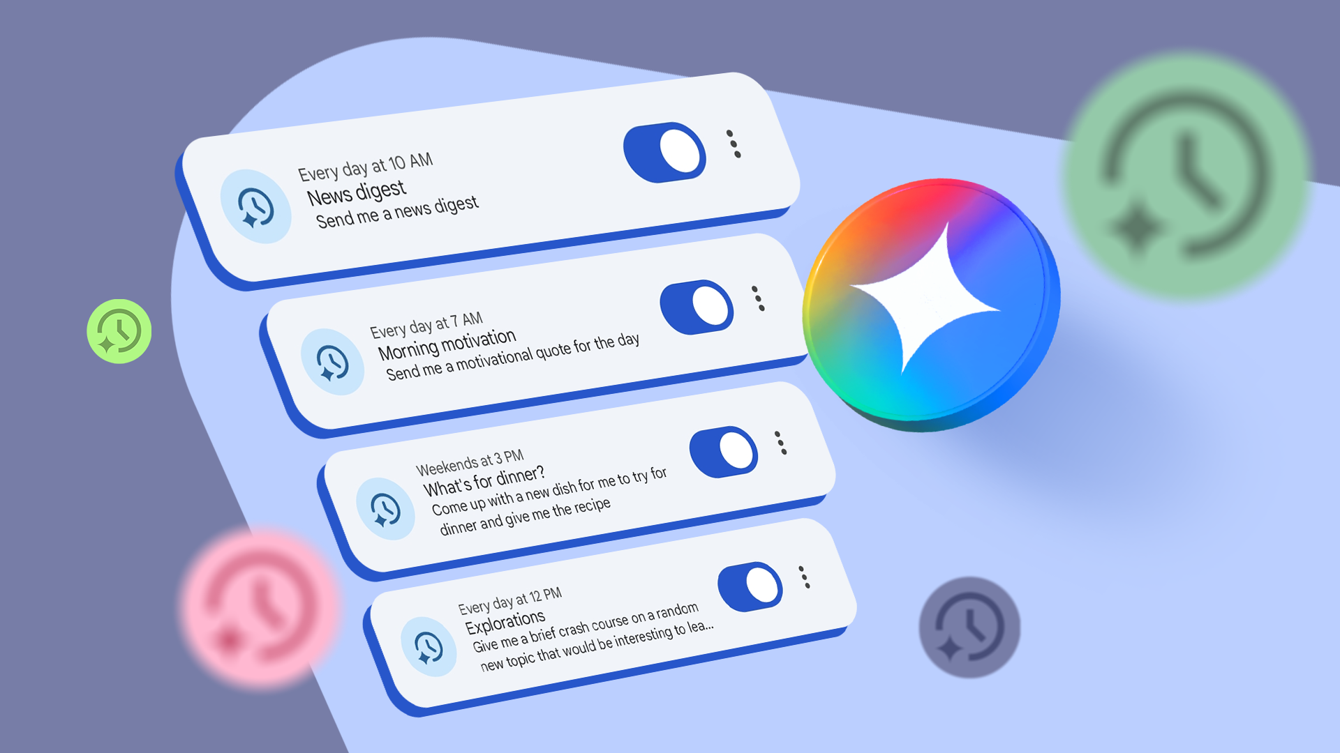 Gemini scheduled actions interface showing automated task cards and the Gemini AI star icon.