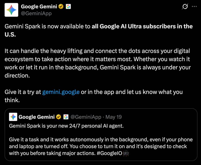 Uma captura de tela destacando o tweet de Gemini sobre a disponibilidade do Spark.