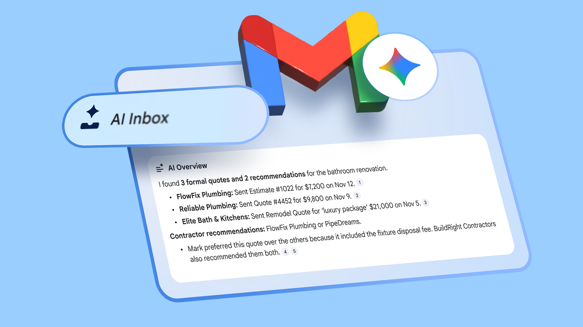 Gmail and Gemini logos floating over a digital card displaying an AI Overview summary of emails against a light blue background.