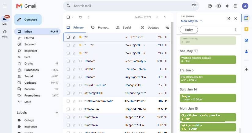 Captura de tela mostrando o Google Agenda na barra lateral do Gmail