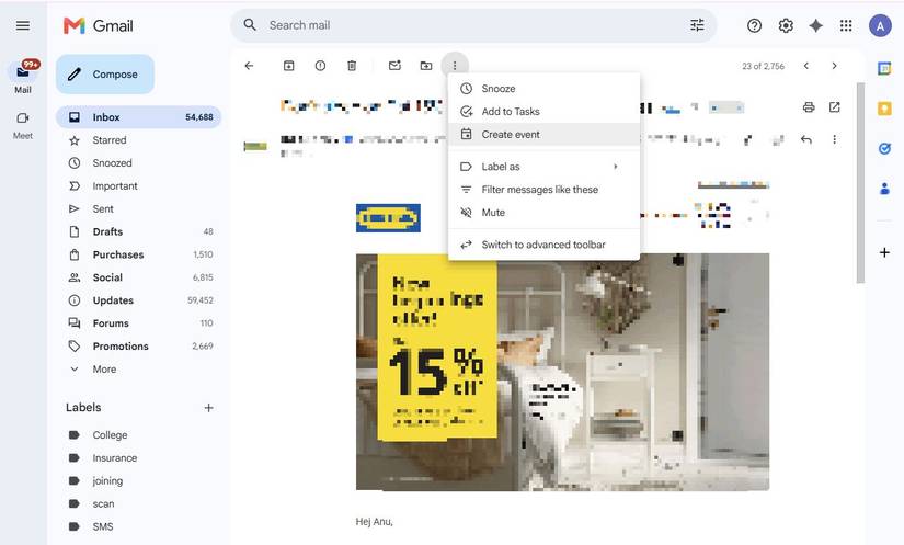 Captura de tela mostrando a opção Criar evento do Google Agenda no Gmail 