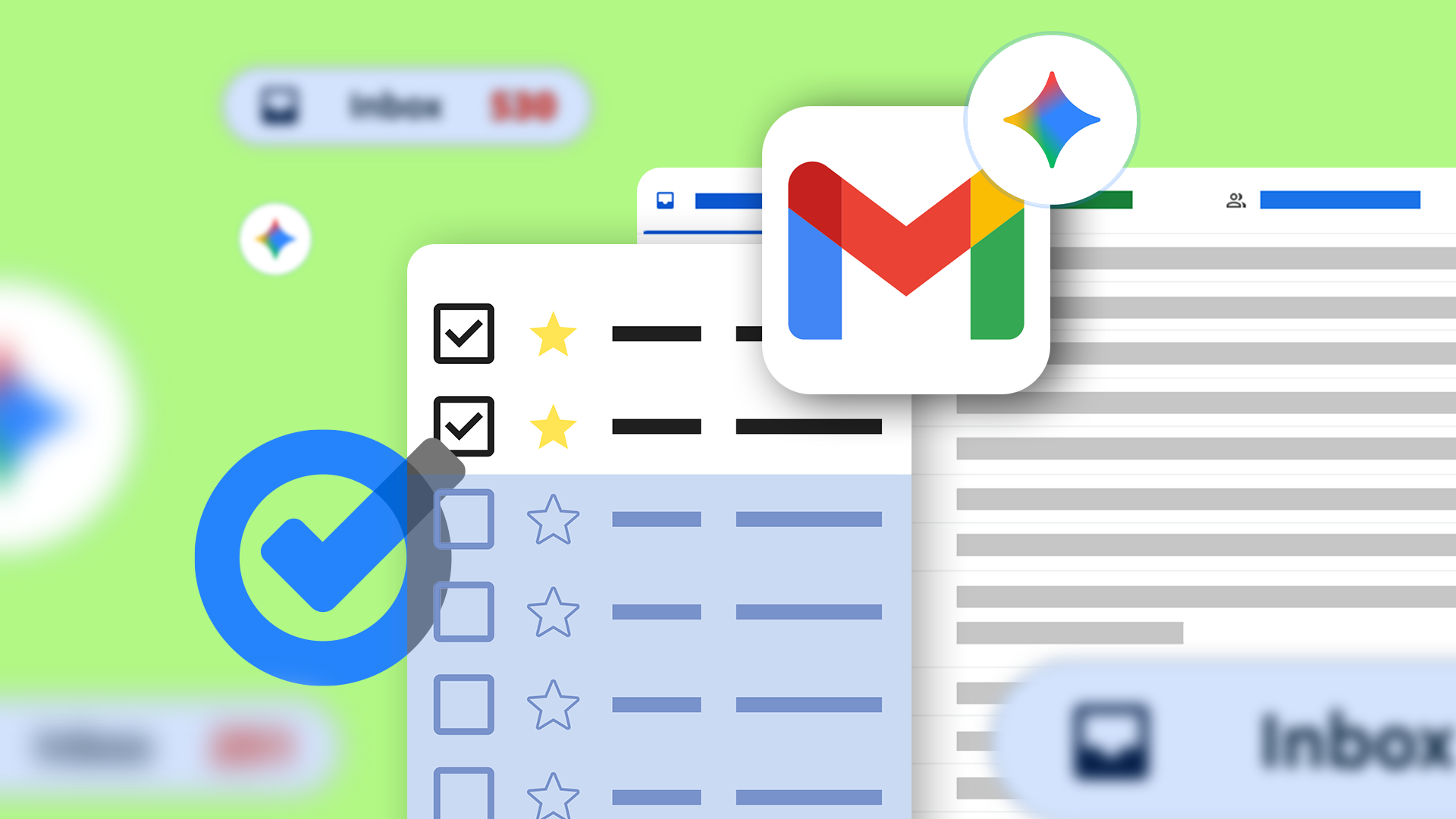 A graphic featuring Gmail, Google Tasks, and Gemini logos layered over an inbox interface on a light green background.