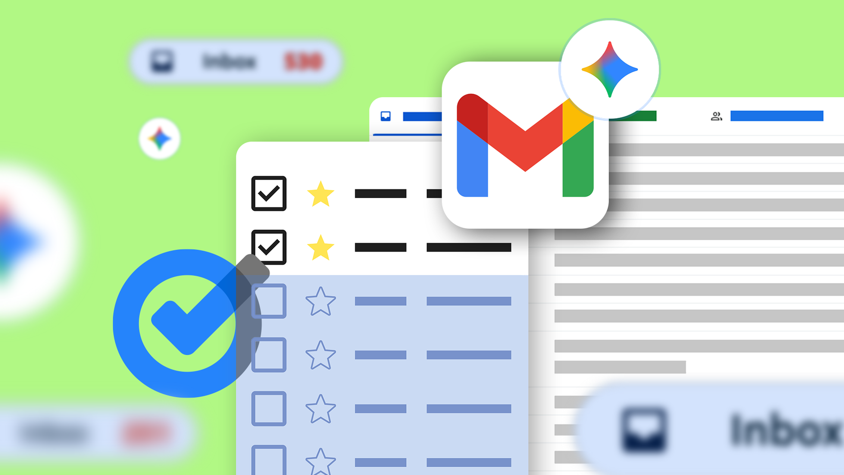 A graphic featuring Gmail, Google Tasks, and Gemini logos layered over an inbox interface on a light green background.