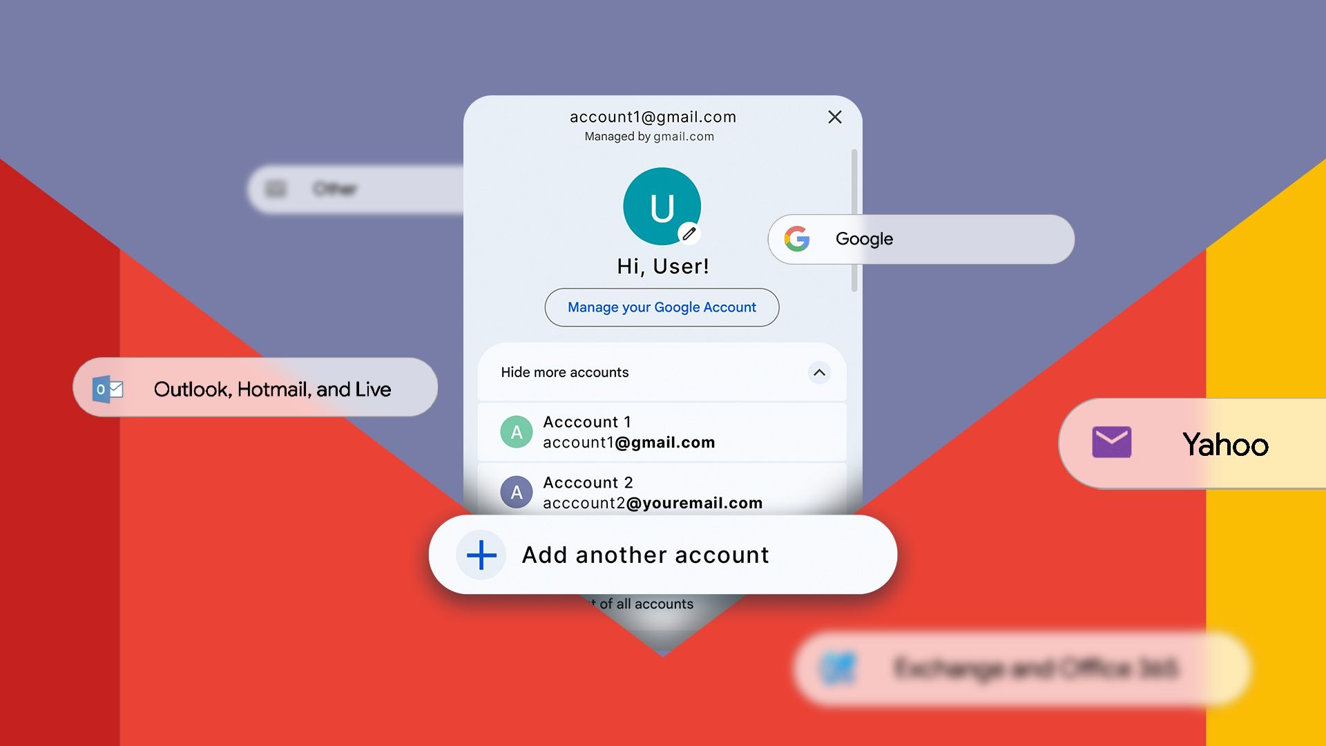 Gmail window displaying some emails and the 'Add another account' button.