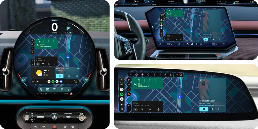 Uma imagem destacando a adaptação do Android Auto a diferentes formatos e tamanhos de tela.
