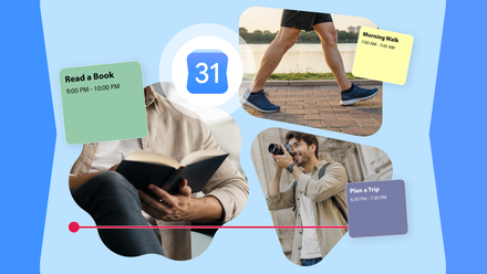 يقوم تقويم Google بتوسيع خيارات الألوان لتمييز الأحداث رسم توضيحي لتقويم Google يعرض إجراءات روتينية مثل قراءة كتاب، والتخطيط لرحلة، والمشي في الصباح باستخدام بطاقات جدول الأعمال الملونة.