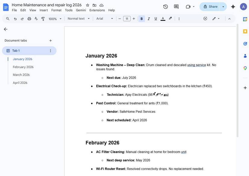 Screenshot showing a home maintenance log in Google Docs