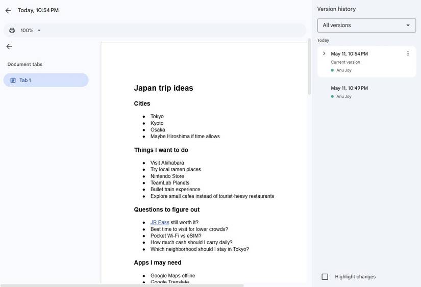 Screenshot showing version history in Google Docs