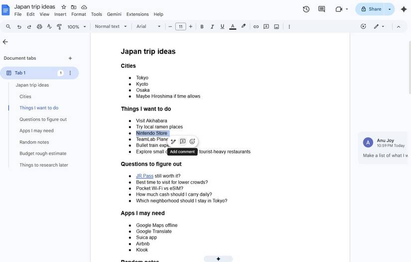 Screenshot showing how to add a comment in Google Docs