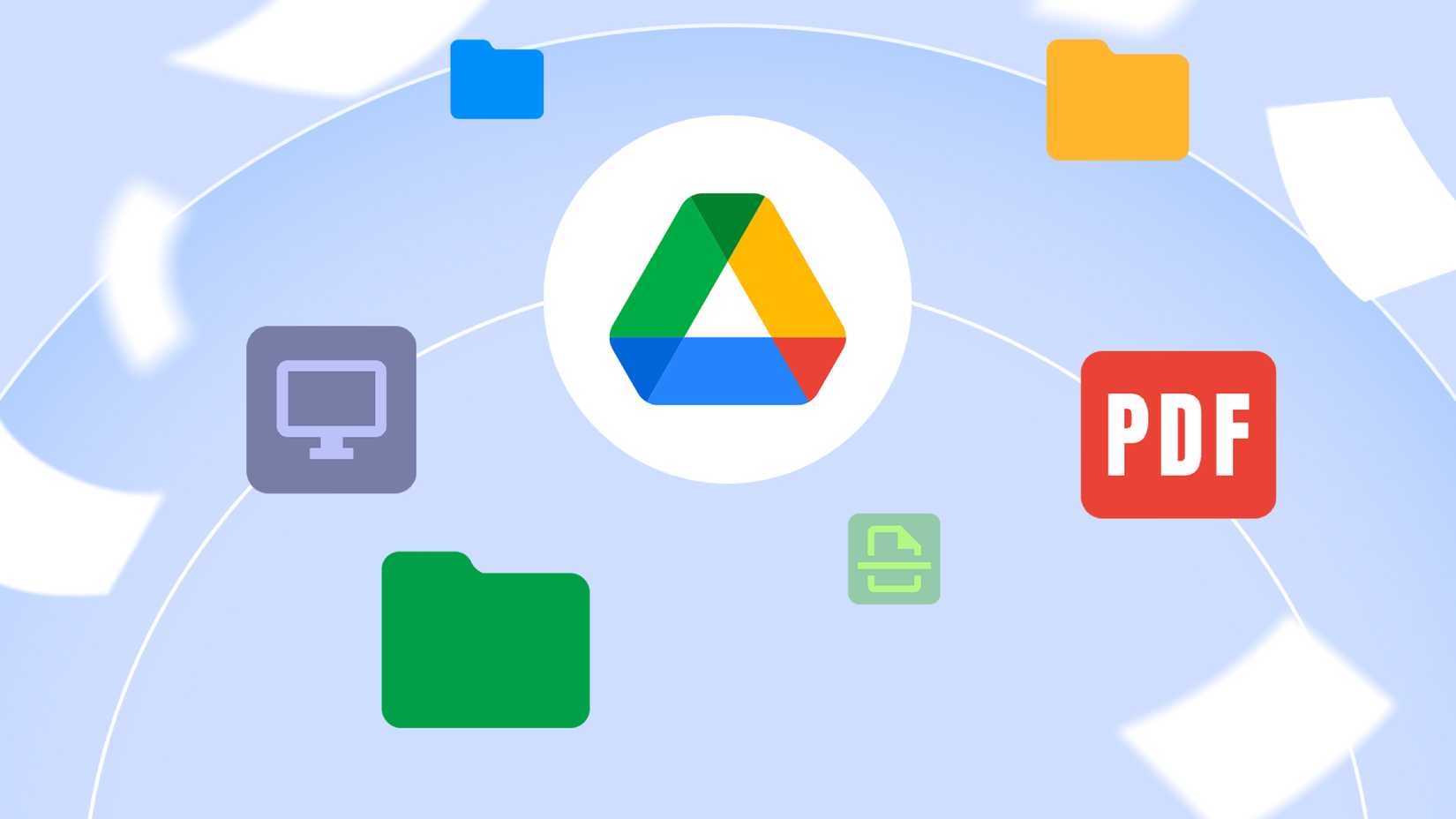 O logotipo do Google Drive no centro, cercado por pastas flutuantes coloridas, PDFs, ícones da área de trabalho e do scanner, em um fundo azul claro