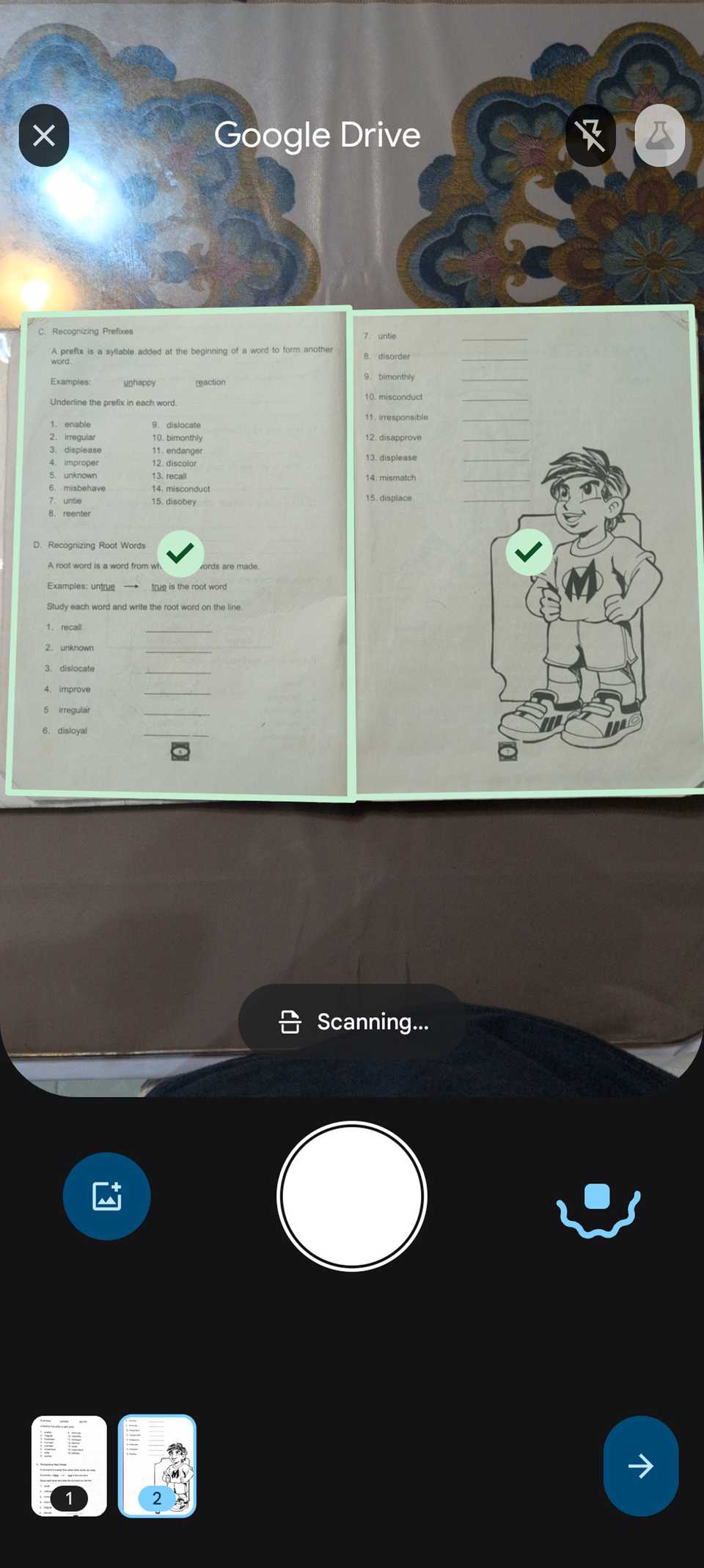 A scanning a black and white book multiple pages on Google Drive PDF scanner