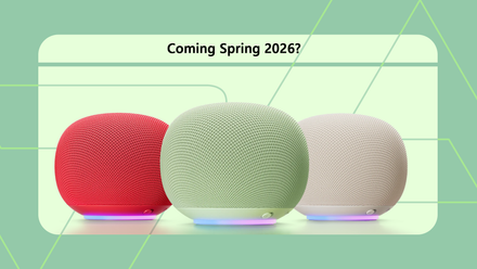 Três alto-falantes do Google Home exibidos abaixo do texto 'Coming Spring 2026' em um fundo verde claro.