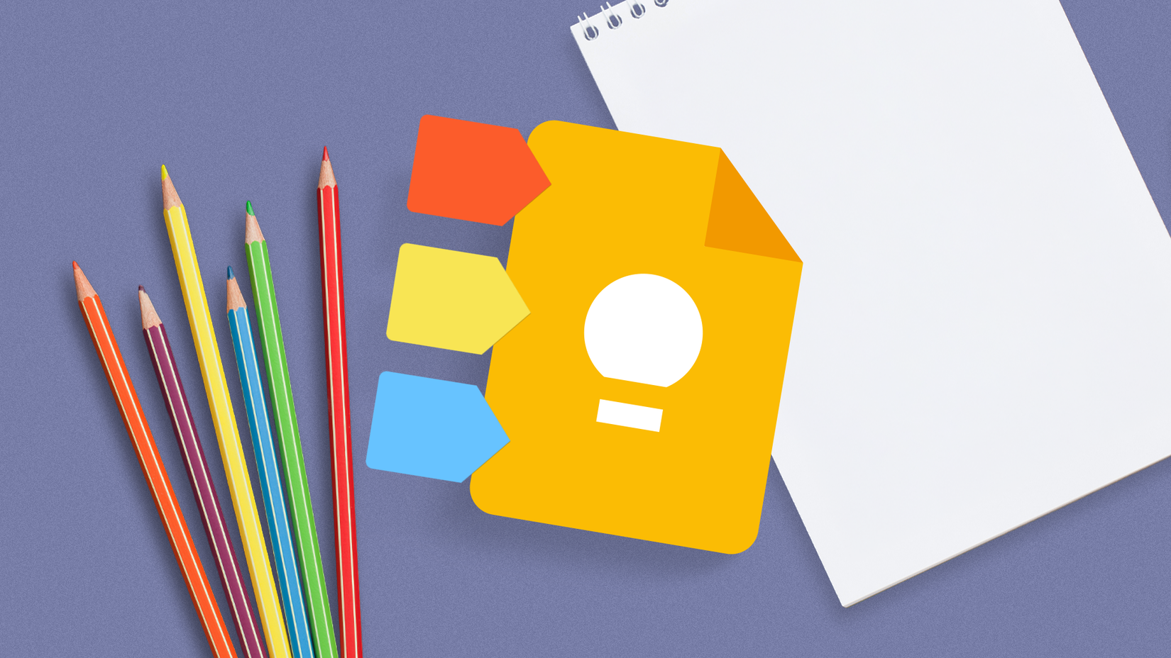 Google Keep icon with colorful label tags attached to its side, placed next to colored pencils and a blank notepad