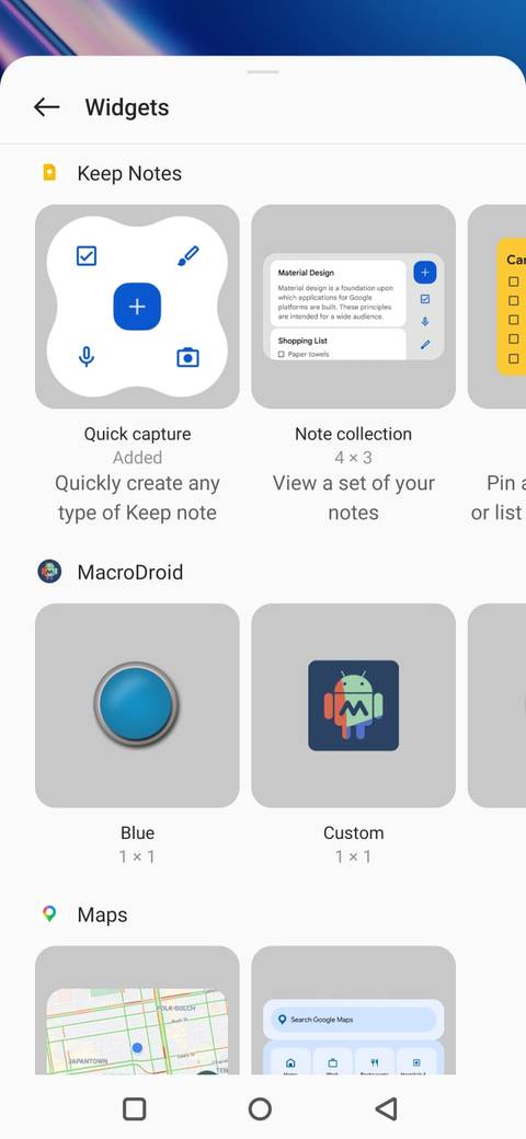 Screenshot showing how to add a Google Keep widget