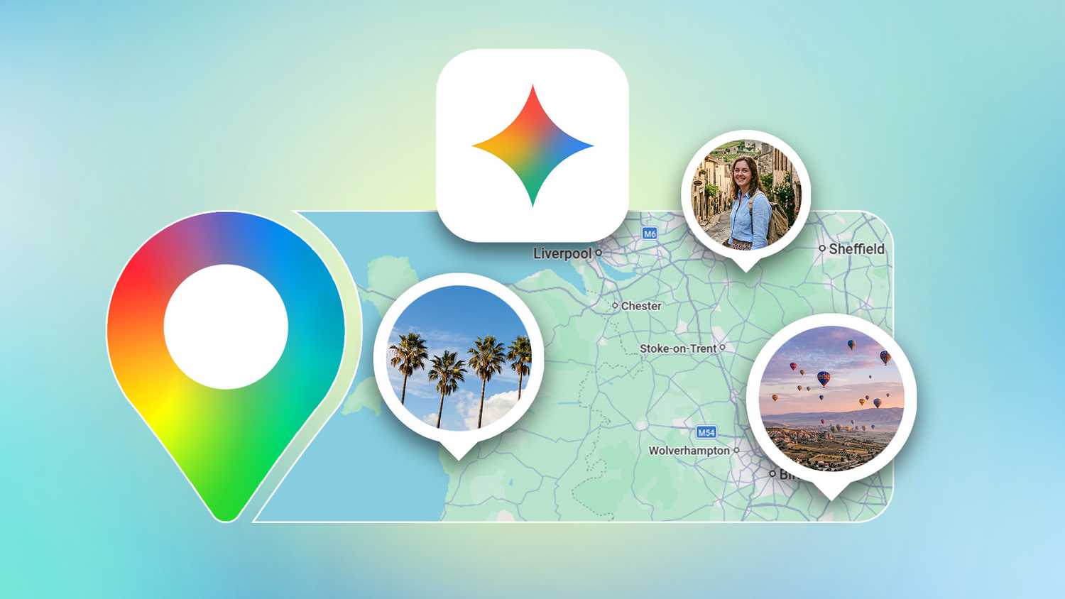 Google Maps interface with travel photo pins and the Gemini AI logo